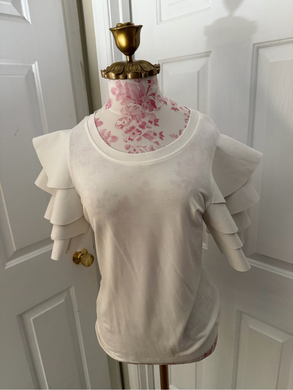 Gracia Cream Short Sleeve Tee with Tiered Ruffle Sleeves